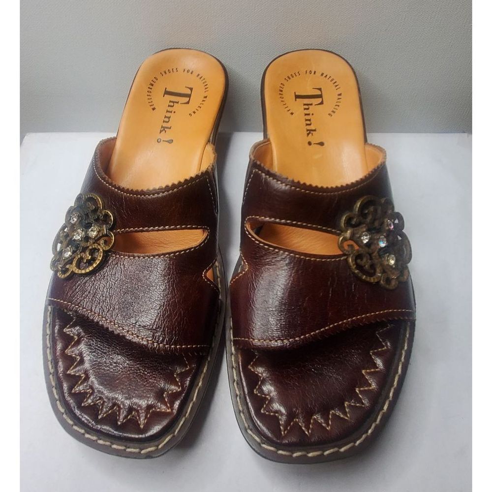 Think! Leather 36. Size 6 brown slippers. Comfort Flat Granny vibe‎ Unique Artzy